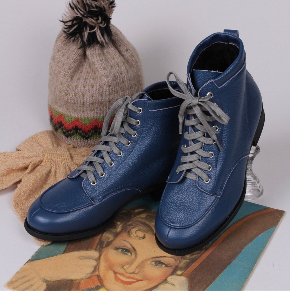 Memery "Rita" 1930s/1940s Style Winter Snow Boots with Fur - Blue